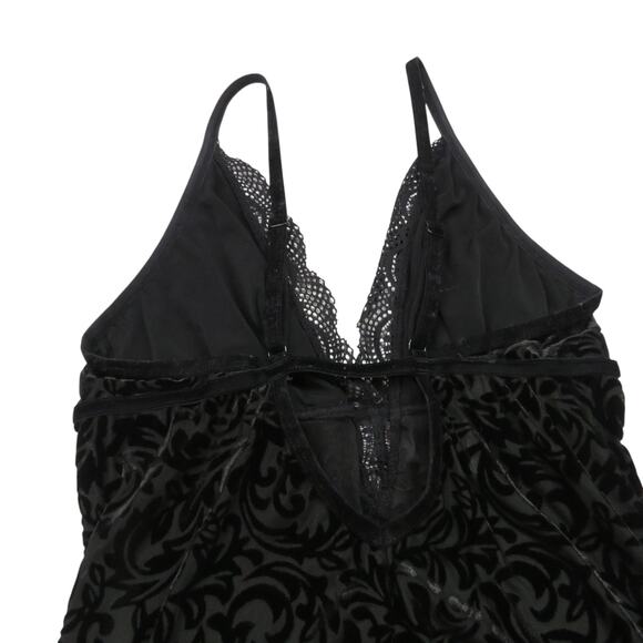 Ambrielle Black Lace Bodysuit Large Sexy Plunge Neck Spagetti Strap Velvet Lace - Picture 4 of 9